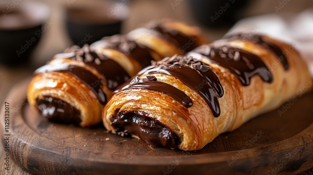 Delicious chocolate pastry on wooden board Delicious chocolate pastry on wooden board