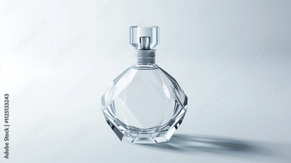 A crystal clear perfume bottle with a sleek, modern design, standing elegantly on a pristine white background, showcasing its intricate details and shimmering surface. A crystal clear perfume bottle with a sleek, modern design, standing elegantly on a pristine white background, showcasing its intricate details and shimmering surface.