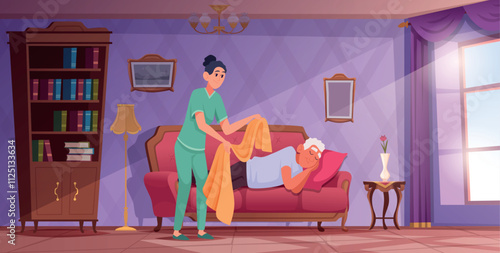 Elderly care. Senior social support from volunteer services exact vector cartoon background