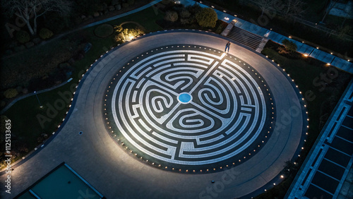 Hypnotic Circular Maze Design with Glowing Paths