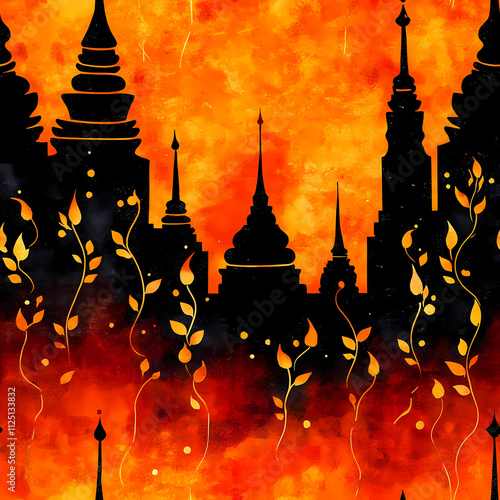 vibrant damask pattern featuring temple inspired spires against fiery orange and black background, evoking sense of cultural richness and artistic flair photo