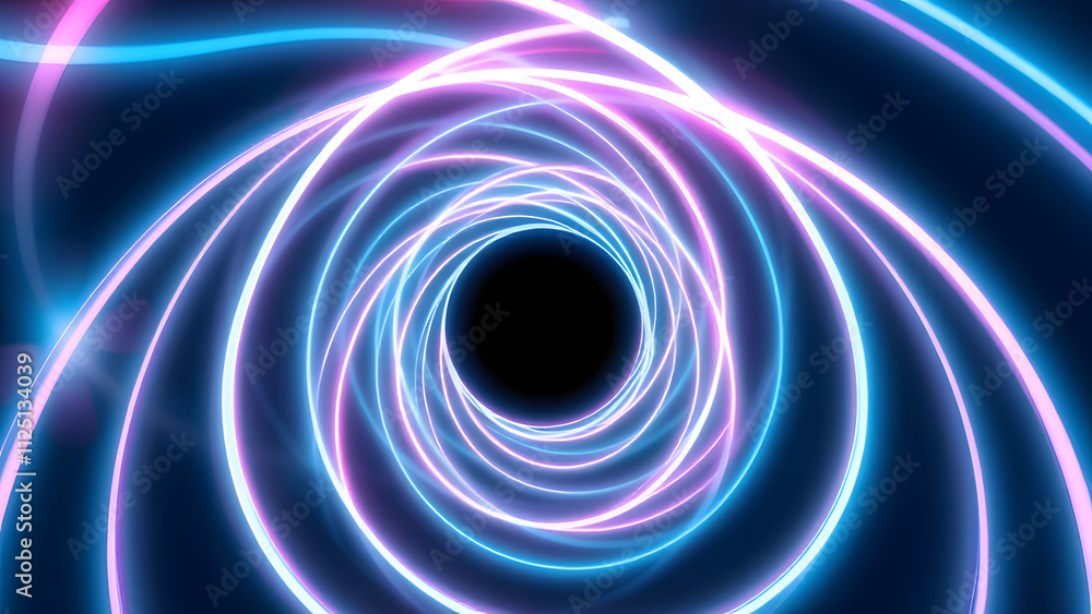 Abstract spirals of neon light twisting into a central void, creating a hypnotic effect Abstract spirals of neon light twisting into a central void, creating a hypnotic effect