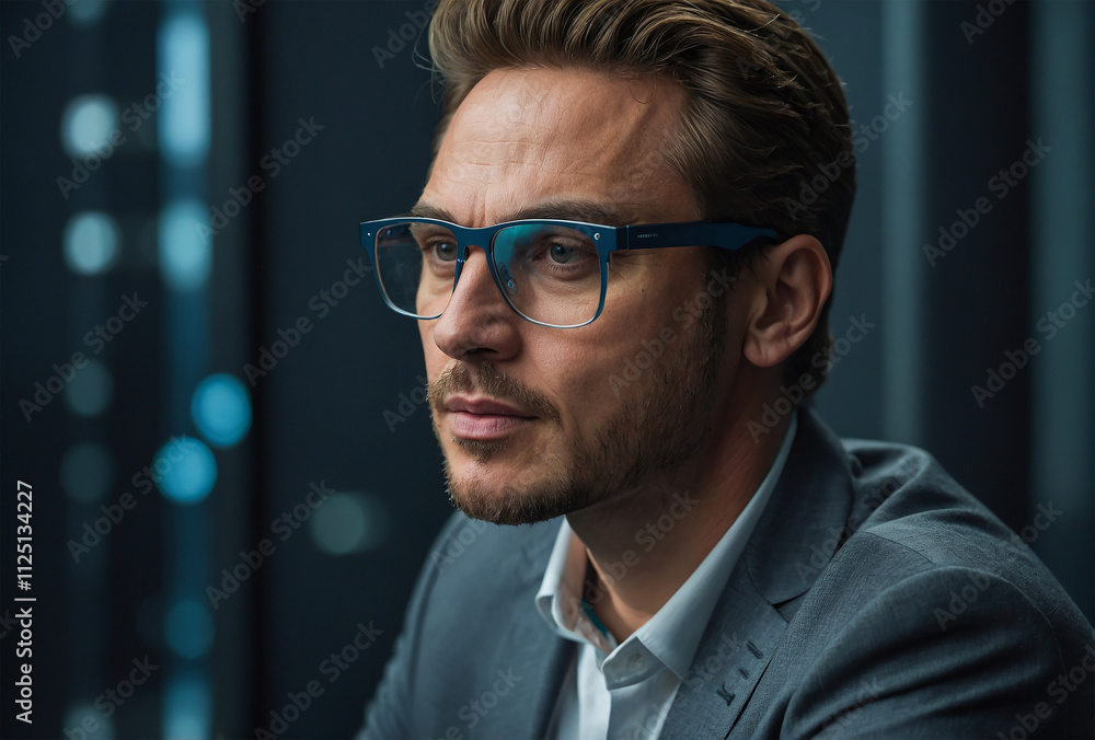 stylish man wearing smart glasses, sitting in a sleek, high-tech environment stylish man wearing smart glasses, sitting in a sleek, high-tech environment