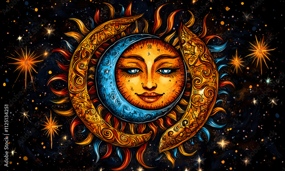 Tribal inspired sun and moon patterns with vibrant colors and intricate designs create mystical atmosphere. celestial elements shine against dark background Tribal inspired sun and moon patterns with vibrant colors and intricate designs create mystical atmosphere. celestial elements shine against dark background
