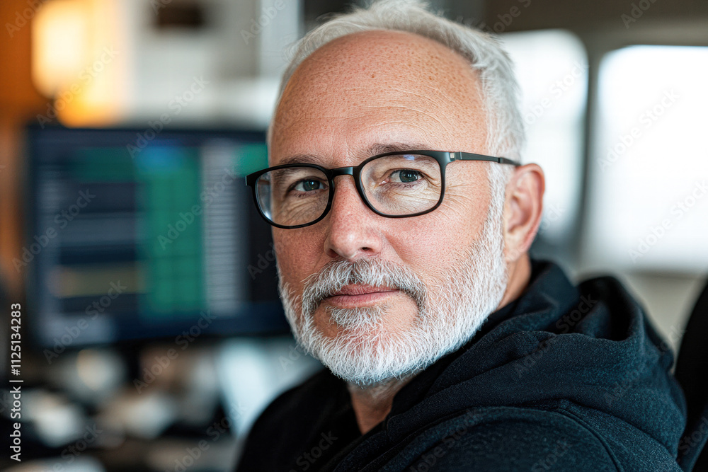 A man with glasses and a white beard is sitting in front of a computer monitor A man with glasses and a white beard is sitting in front of a computer monitor
