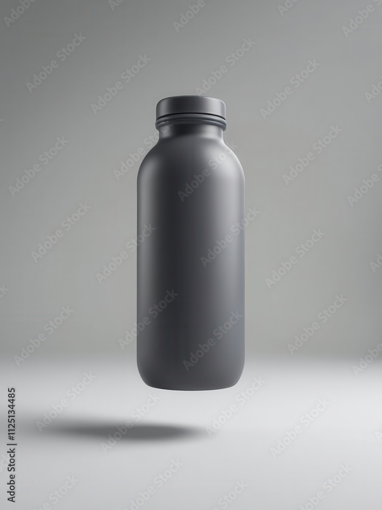 Minimalist design of a gray bottle levitating against a clean background, perfect for modern beverage branding. Minimalist design of a gray bottle levitating against a clean background, perfect for modern beverage branding.