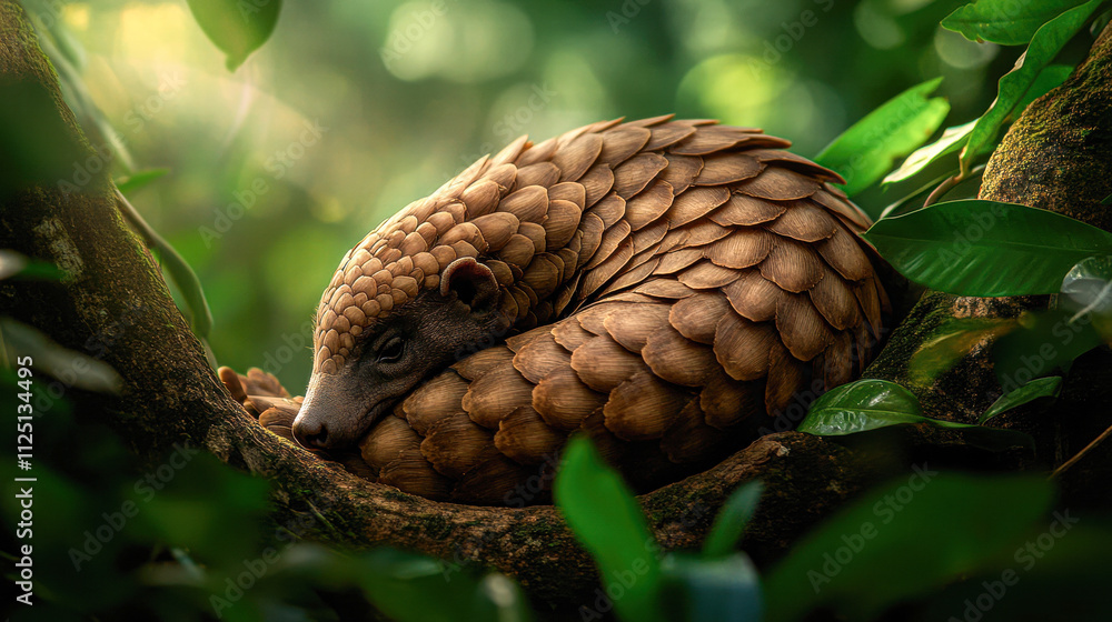 A small brown animal with a shell is sleeping on a tree branch A small brown animal with a shell is sleeping on a tree branch