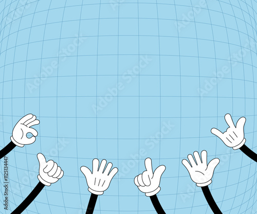 Dynamic illustration of clapping and thumbs up gestures. Colorful groovy doodle hands symbolizing celebration, appreciation, and success. Hand-drawn vector with vibrant and cheerful aesthetic
