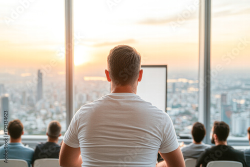 Free Download A man is sitting in front of a computer monitor in a window with a city view - GFXLoad