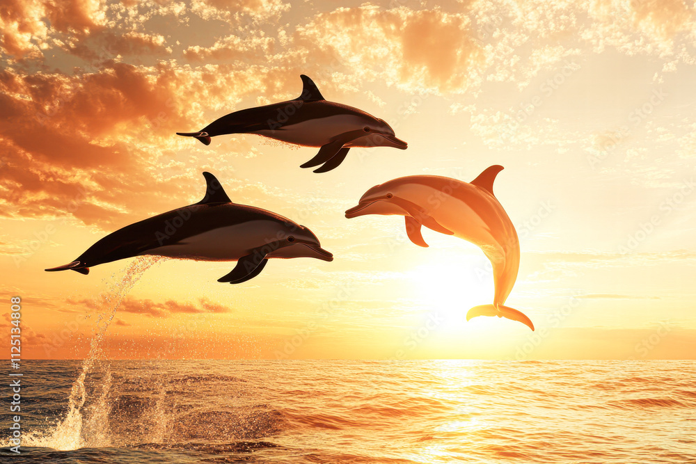 Three dolphins are jumping out of the water in the ocean Three dolphins are jumping out of the water in the ocean
