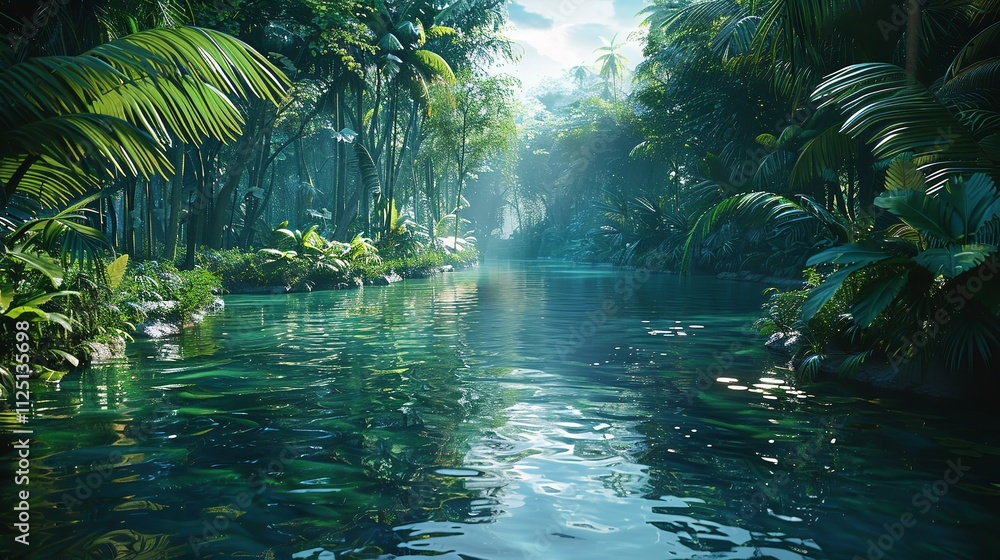 A tranquil river winding through the heart of a dense tropical jungle, with vibrant greenery reflected in its calm waters vector art illustraion generative AI. A tranquil river winding through the heart of a dense tropical jungle, with vibrant greenery reflected in its calm waters vector art illustraion generative AI.