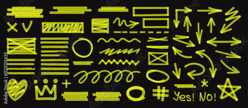 Transparent and realistic highlighters text selection, markers lines, underlines, arrows set, rounds, doodle and sketch elements in hand-drawn style. Highlighters and sketch graphic set. School board.