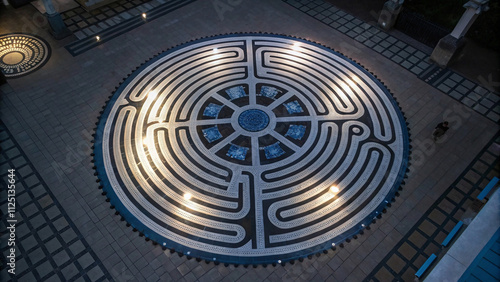 Hypnotic Circular Maze Design with Glowing Paths