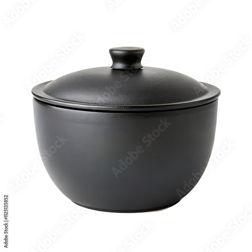 Black, matte finish sugar bowl with a small lid, isolated on a transparent background photo