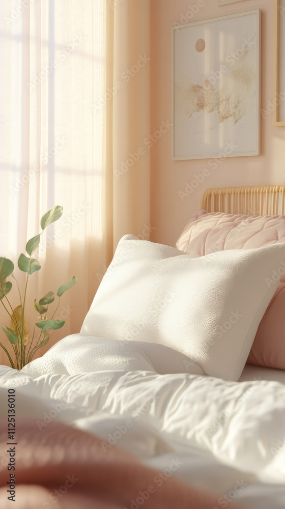 Pillow packaging with soft textures in a cozy bedroom setting Pillow packaging with soft textures in a cozy bedroom setting