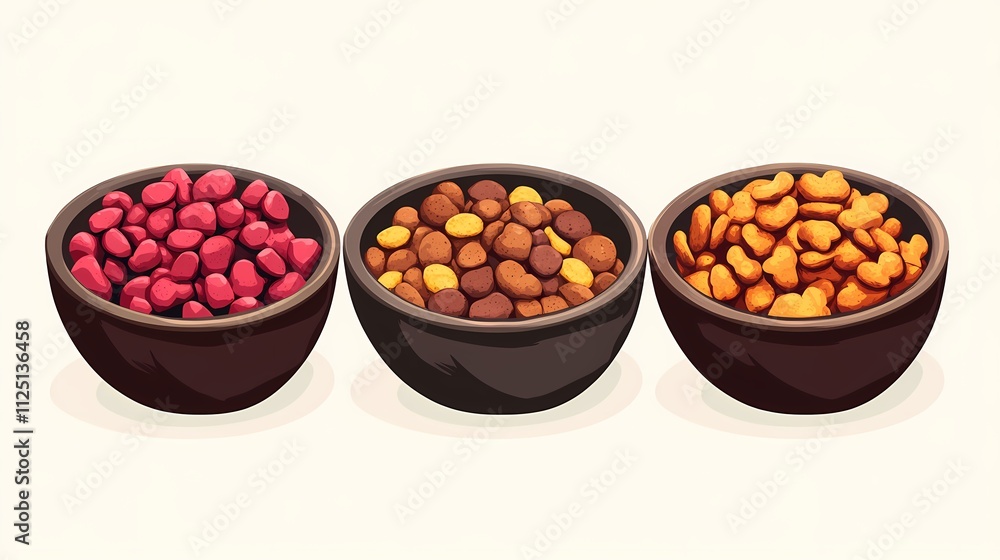 Three bowls of assorted pet food featuring pink, brown, and orange kibble. Three bowls of assorted pet food featuring pink, brown, and orange kibble.