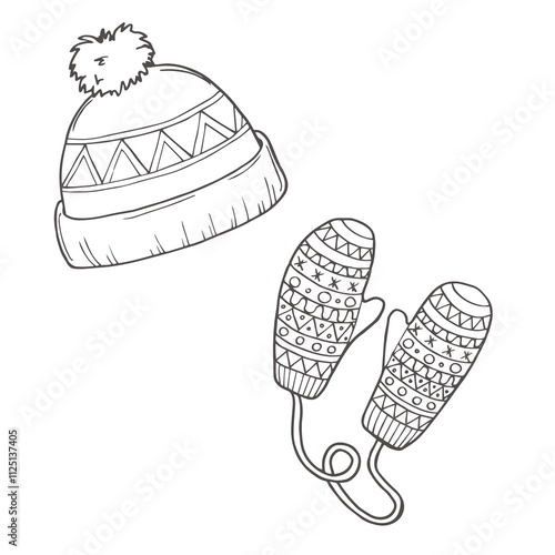 Vector set of winter clothes made of knitted beanie hat, mittens. Black and white drawings with contour lines and patterns. Design elements of cliparts for winter clothes. Fashionable