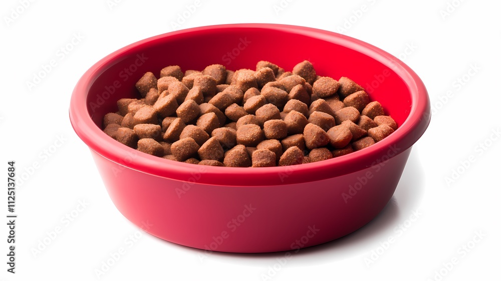 A bright red bowl filled with dry cat food, showcasing a variety of small, crunchy brown kibble pieces. A bright red bowl filled with dry cat food, showcasing a variety of small, crunchy brown kibble pieces.