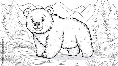 Wild bear coloring page for children book, cute forest animal outline drawing, cartoon teddy bear illustration ready for coloring, black and white sketch with adorable character design. photo