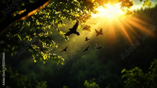 Wallpaper Mural Sunlight streams through lush forest canopy, illuminating silhouettes of birds in flight. Torontodigital.ca