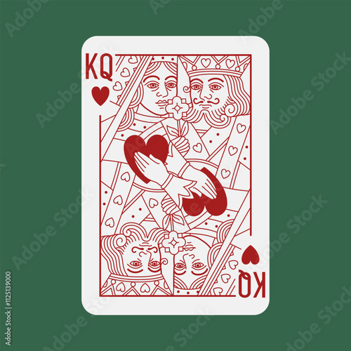 King and Queen (couple) of Hearts Poker non-existent playing card. Casino gambling design element. Vector illustration with editable stroke line. Author's vision, design.