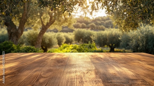 Rustic wooden table under olive trees overlooking rolling green hills in a Mediterranean countryside