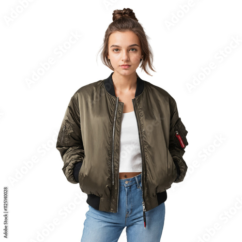 A young woman wearing a bomber jacket on a transparent background PNG