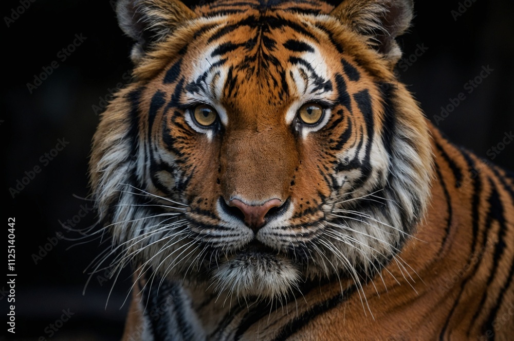 Naklejka premium Majestic Sumatran Tiger Close-Up: A Captivating Portrait of Wild Beauty in its Natural Habitat. Bengal tiger.