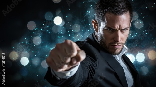 Businessman in futuristic fighting stance urban night scene digital artwork dynamic environment close-up view empowerment concept photo