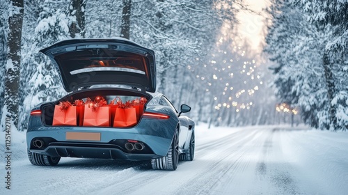 Open trunk of a black sports car loaded with red gift bags in a snowy forest, highlighting festive winter vibes and holiday preparation. photo