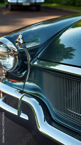 Classic car grille reflecting the warm glow of sunset