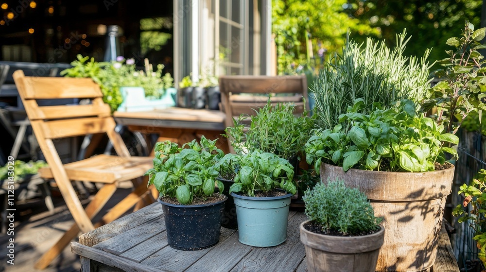 Nestled on a small balcony, two wooden chairs sit beside vibrant pots filled with herbs like basil and thyme. Sunlight bathes this cozy space, inviting relaxation and nature's beauty Nestled on a small balcony, two wooden chairs sit beside vibrant pots filled with herbs like basil and thyme. Sunlight bathes this cozy space, inviting relaxation and nature's beauty