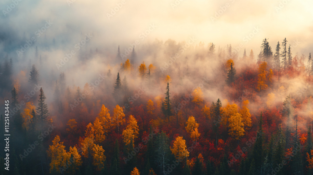 Naklejka premium Golden morning light pierces through foggy forest with red and yellow autumn foliage