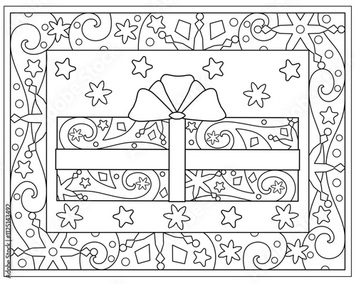 Gift box - Christmas winter coloring page, frame with snowflakes and stars - vector zentangle for coloring. Outline. Linear drawing with a gift	
