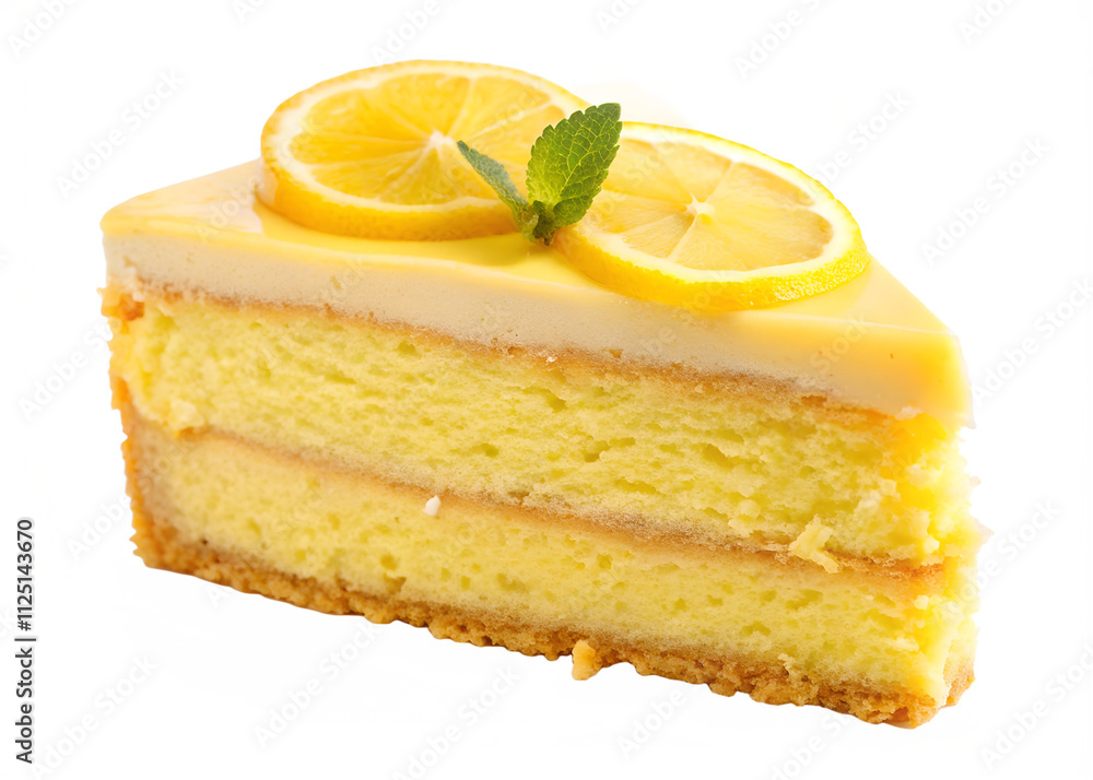slice of lemon cake with bright yellow frosting and a lemon wedge isolated on white background slice of lemon cake with bright yellow frosting and a lemon wedge isolated on white background