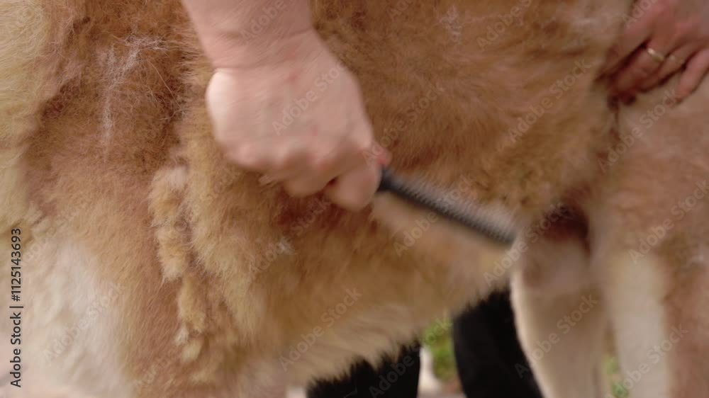 brossage akita, chien primitif a grosse fourrure en slow motion, brossage au peigne du flan avec beaucoup de précautions brossage akita, chien primitif a grosse fourrure en slow motion, brossage au peigne du flan avec beaucoup de précautions
