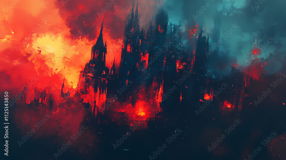 Burning gothic cityscape digital painting of fiery destruction, fantasy ruins, apocalyptic landscape fantasy art, digital painting. Omniscient. Illustration Burning gothic cityscape digital painting of fiery destruction, fantasy ruins, apocalyptic landscape fantasy art, digital painting. Omniscient. Illustration
