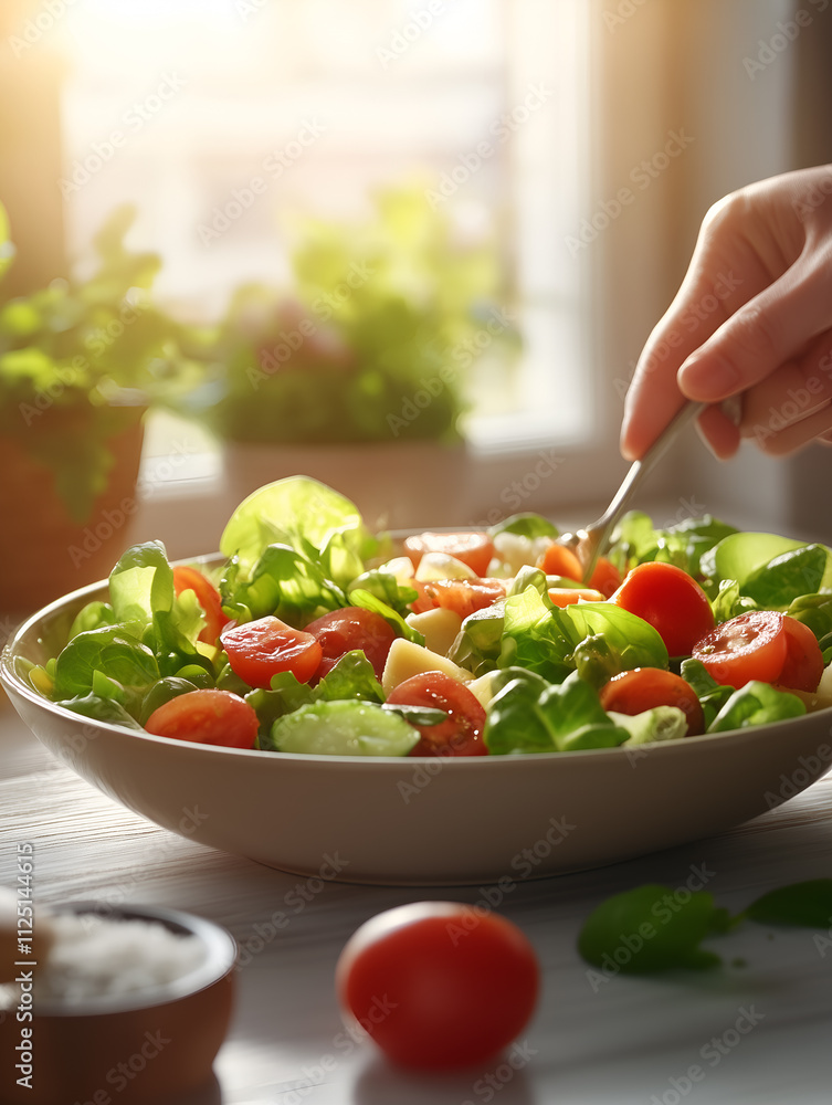 Fresh Vegetable Salad with Cherry Tomatoes and Greens in Sunlit Kitchen.Vertical Fresh Vegetable Salad with Cherry Tomatoes and Greens in Sunlit Kitchen.Vertical