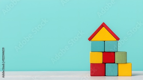 A colorful arrangement of building blocks styled as a house against a mint green background. Ideal for educational materials or decoration in playful spaces.