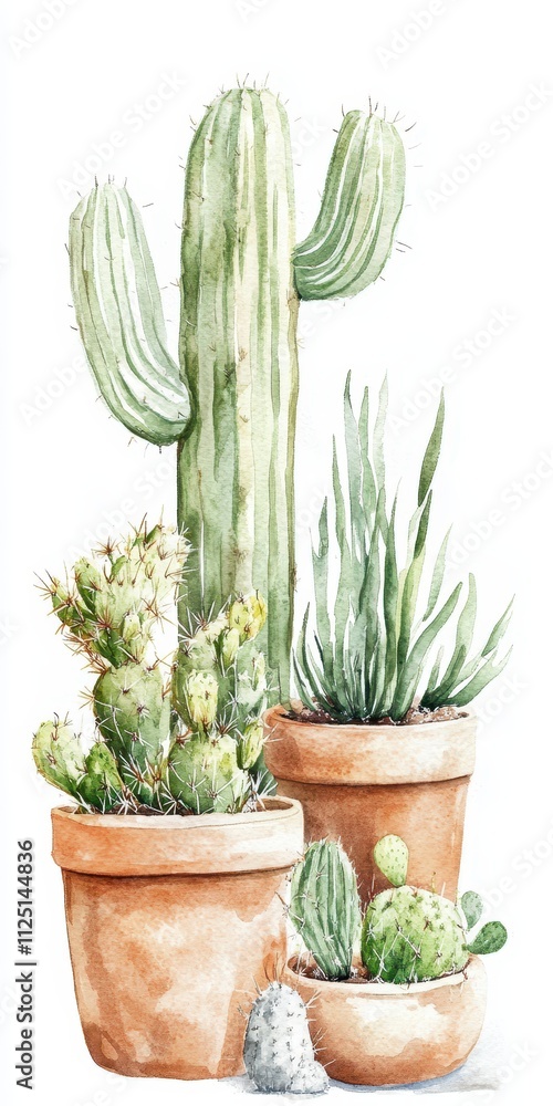 A vibrant watercolor illustration of various cacti potted in terracotta pots, showcasing their unique shapes and textures.