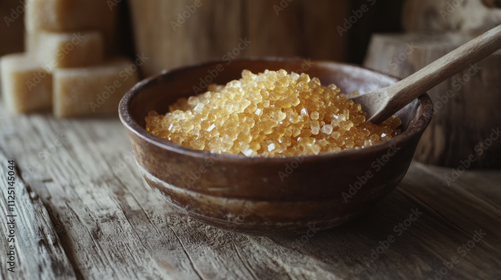 Golden Sugar Crystals in Rustic Wooden Bowl with Spoon on Natural Weathered Surface, Perfect for Culinary and Healthy Lifestyle Imagery Golden Sugar Crystals in Rustic Wooden Bowl with Spoon on Natural Weathered Surface, Perfect for Culinary and Healthy Lifestyle Imagery