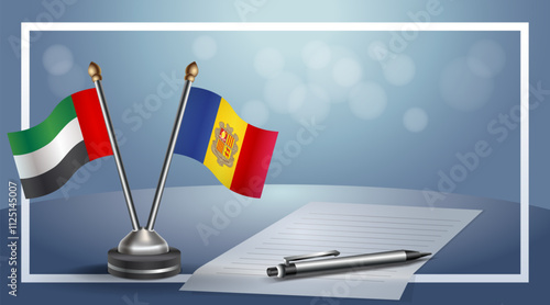 United Arab Emirate and Andorra National flags on small table with bokeh background, cooperative relationship