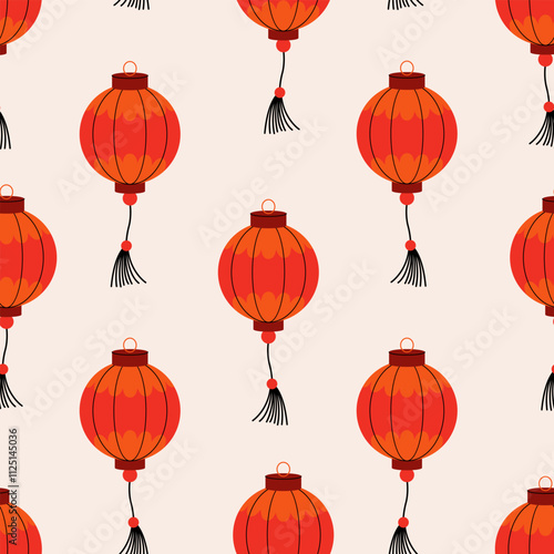 Seamless pattern with chinese or japanese paper lanterns. Vector flat background in asian style. Traditional oriental decor