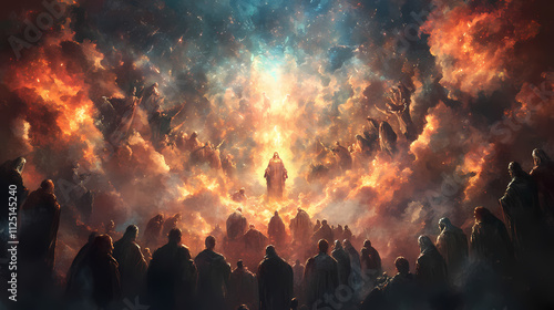 Celestial court convened, with saints and sinners alike facing the divine tribunal of justice, judgment day, doomsday, god is judging,. Omniscient. Illustration