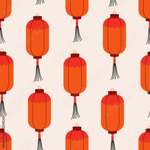 Seamless pattern with chinese or japanese paper lanterns. Vector flat background in asian style. Traditional oriental decor