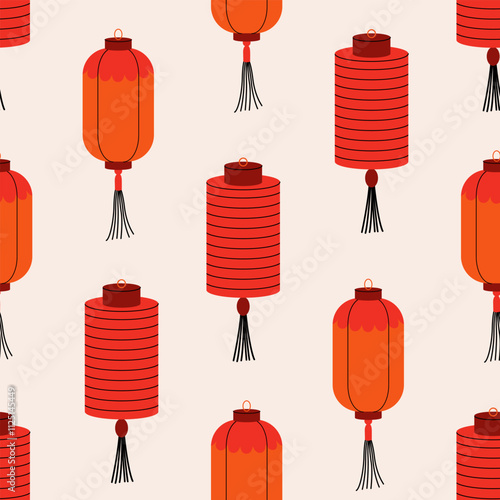 Seamless pattern with chinese or japanese various paper lanterns. Vector flat background in asian style. Traditional oriental decor