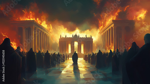 Celestial court convened, with saints and sinners alike facing the divine tribunal of justice, judgment day, doomsday, god is judging,. Omniscient. Illustration