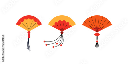 Set of chinese or japanese traditional paper hand fan. Vector flat illustration of asian accessory