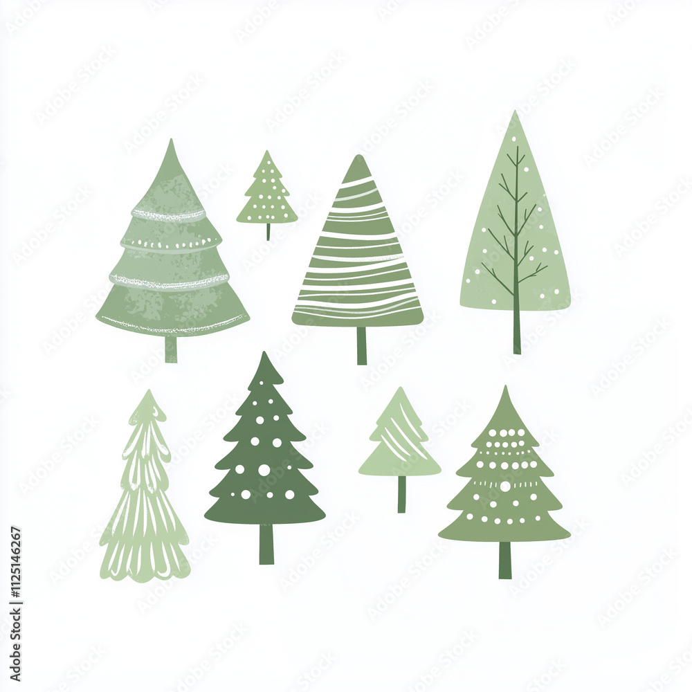 Obraz premium Square minimalist illustration of several Christmas trees on a white background, New year or Christmas concept for postcard, varying shapes and sizes