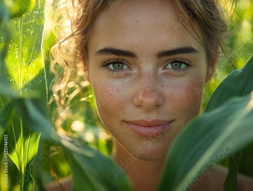 Close-up of a young female farmer with a smile and pride on her face amidst a green cornfield, highlighting a simple and sustainable way of life for farmers without harming the environment. photo